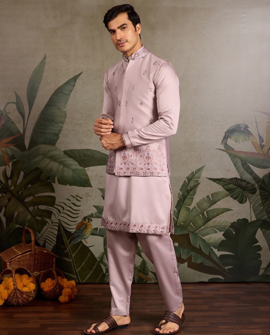 61102-PINK - Dusty Pink Embroidered Kurta Set for Men